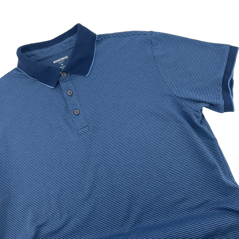 Bonobos Mens Slim Fit Polo Shirt Medium Blue Micro Stripe Short Sleeve Cotton